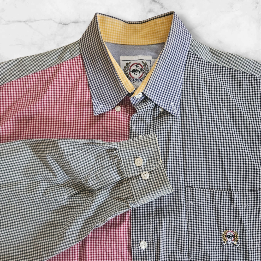 Vtg Cinch Patchwork Gingham Button Down Shirt Men… - image 1